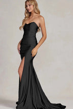 Strapless Sleeveless Long Mermaid Prom Dress With Slit Pleated Custom Colors