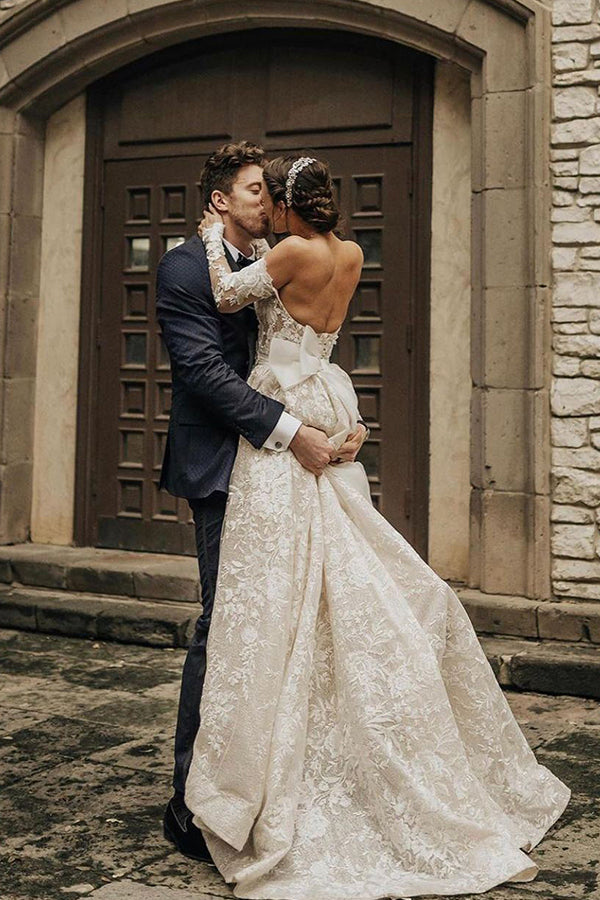Chic A Line Off The Shoulder Long Sleeve Wedding Dress With Bow Lace