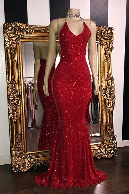 Abito da sera sirena con spalline sottili rosso brillante e paillettes