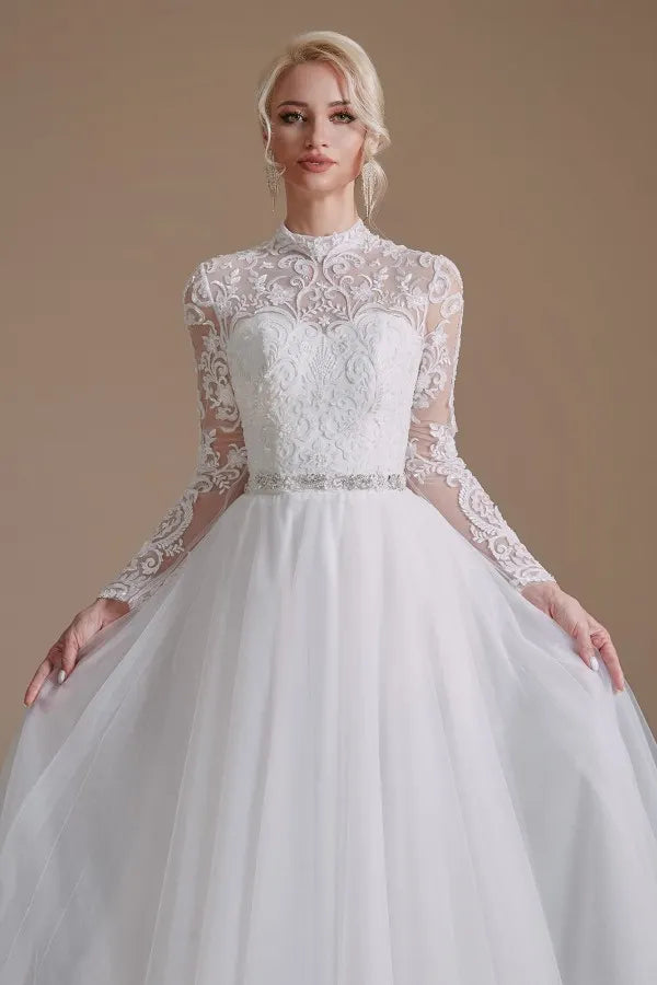 Luxury Long Sleeves A Line High Neck Wedding Dress With Tulle Lace