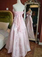 Vestido de Festa Rosa com Alças Finas de Cetim Cintilante, Modelo Fada, Corte em A, Vestido de Princesa, Vestido de Noite Y7555
