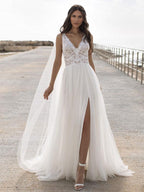 Sleeveless V Neck Lace Wedding Dress For Modern Brides