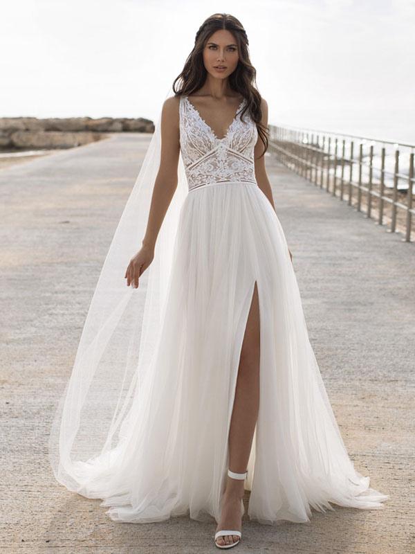 Sleeveless V Neck Lace Wedding Dress For Modern Brides