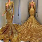 Vestido de Baile Dourado Longo com Lantejoulas, Decote em V, Costas Descobertas, Estilo Sereia e Mangas