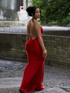 Nibber Rotes Glänzendes Maxikleid mit Spaghettiträgern für Damen Einfarbig Sexy Rückenfrei mit Raffung und Ausschnitt Figurformendes Kleid Damen Hipster Straßenkleidung