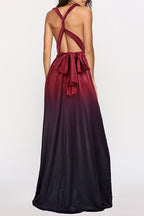 Vestido de Noite com Decote em V e Banda de Contraste de Mudança Gradual Sensual