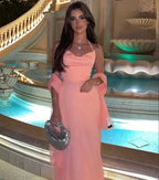 Vestito lungo rosa da sera senza maniche con collo allacciato sexy per festa e ballo Y7523
