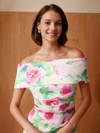 Off Shoulder Floor Length Floral Ruching Sheath Dress For Mother Of The Bride