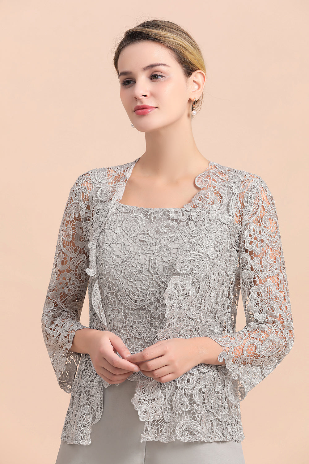 BMbridal Elegant Silver Lace Top Chiffon Mother of Bride Jumpsuit Online with Wrap