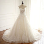Vintage Jewel Tulle Long A Line Wedding Dress With Appliques Lace