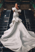 Sweetheart Bubble Mermaid Sleeves Applique Wedding Dress Cathedral Train