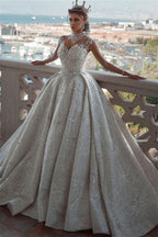 Glamorous Cap Sleeve Ball Gown Wedding Dress With Beading