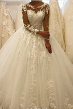 Beautiful Appliques A Line Bateau Long Sleeves Wedding Dress Tulle Lace Ruffles
