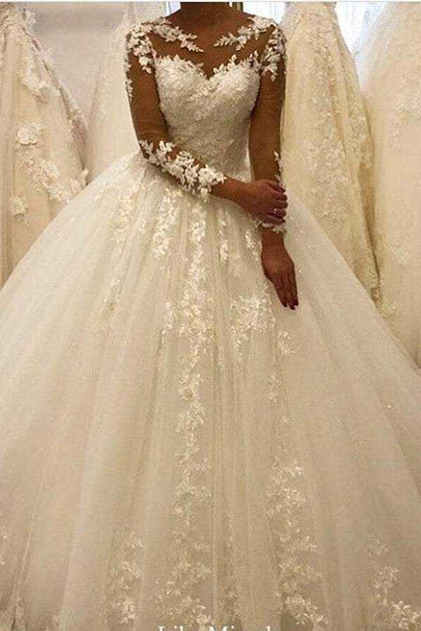 Beautiful Appliques A Line Bateau Long Sleeves Wedding Dress Tulle Lace Ruffles