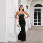 Vestido de baile sem alças estilo francês com missangas