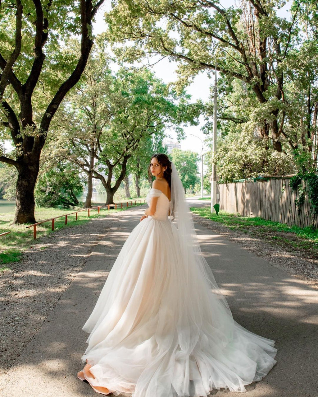 Elegant Tulle Off The Shoulder A Line Long Wedding Dress With Chapel Train
