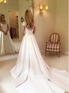 Satin Brush Train A Line Long Wedding Dress With Sleeves