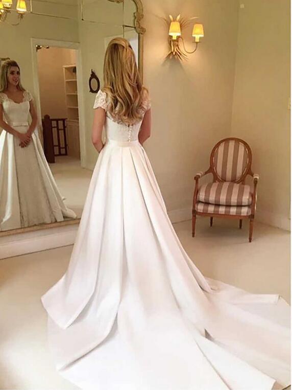 Satin Brush Train A Line Long Wedding Dress With Sleeves