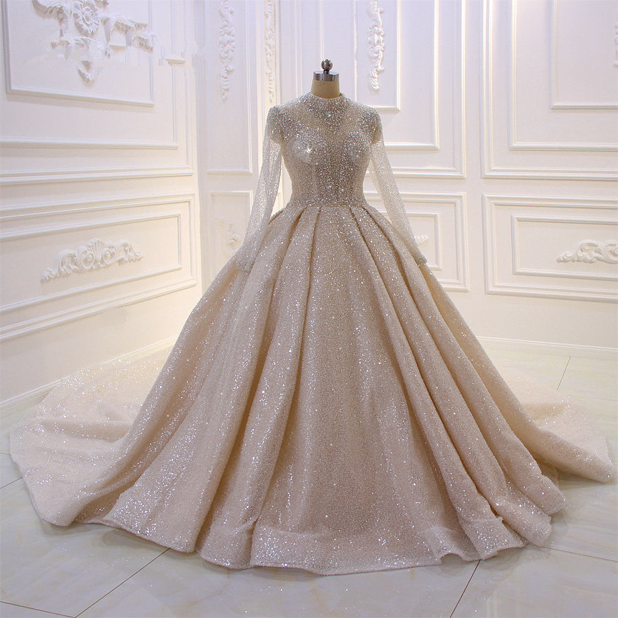 Satin High Neck Wedding Ball Gown With Long Sleeves And Sequins