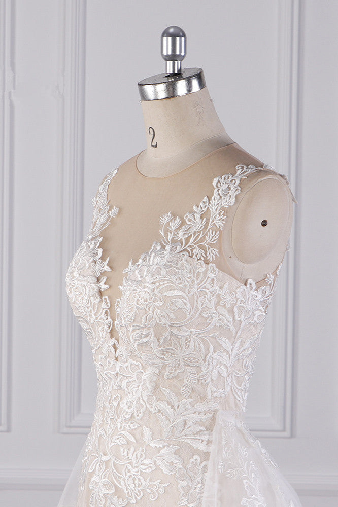 BMbridal Jewel Tulle Lace Mermaid Wedding Dress With Appliques Sleeveless