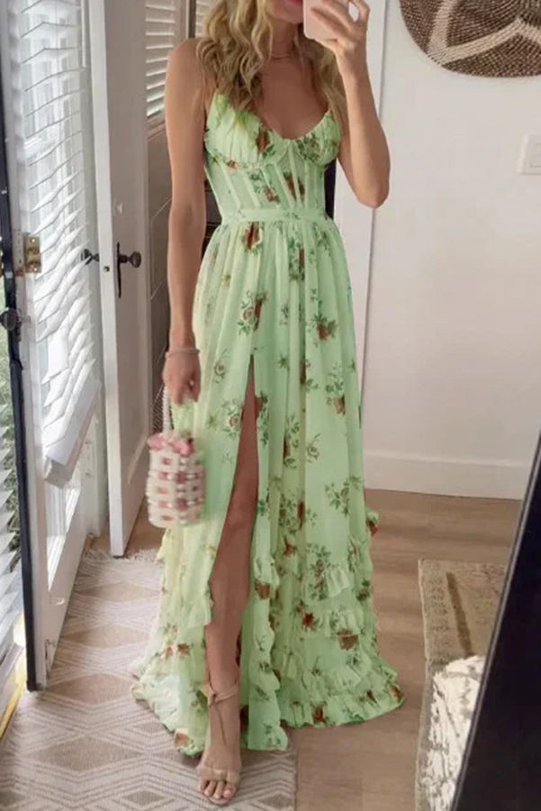Palace Fairy Maxikleid mit Blumenkorsett und Rüschen und Schlitz 