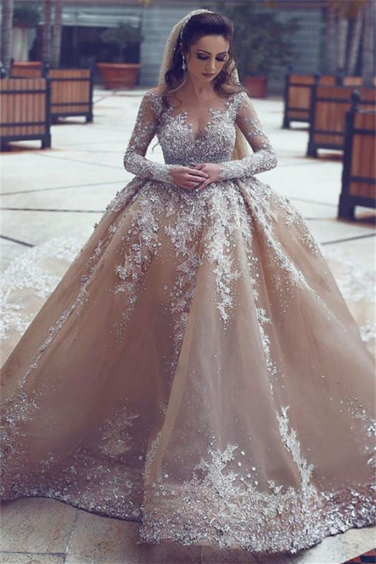 Long Sleeves Beaded Ball Gown Wedding Dress With Appliques