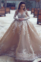 Long Sleeves Beaded Ball Gown Wedding Dress With Appliques
