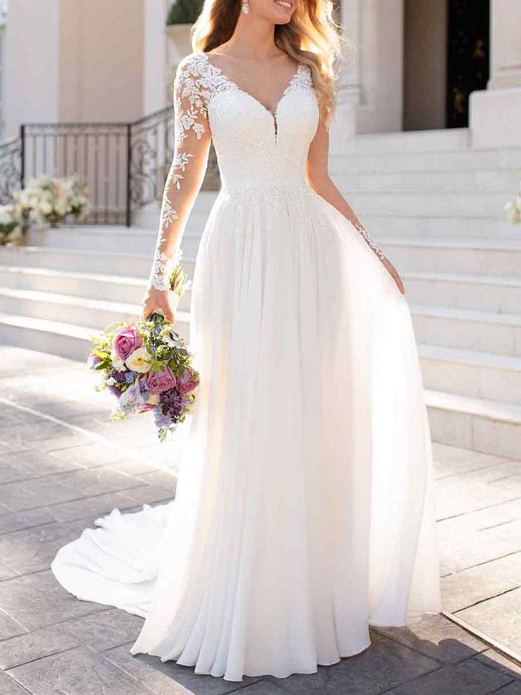 Long Sleeve Tulle Lace Wedding Dress With Elegant Appliques