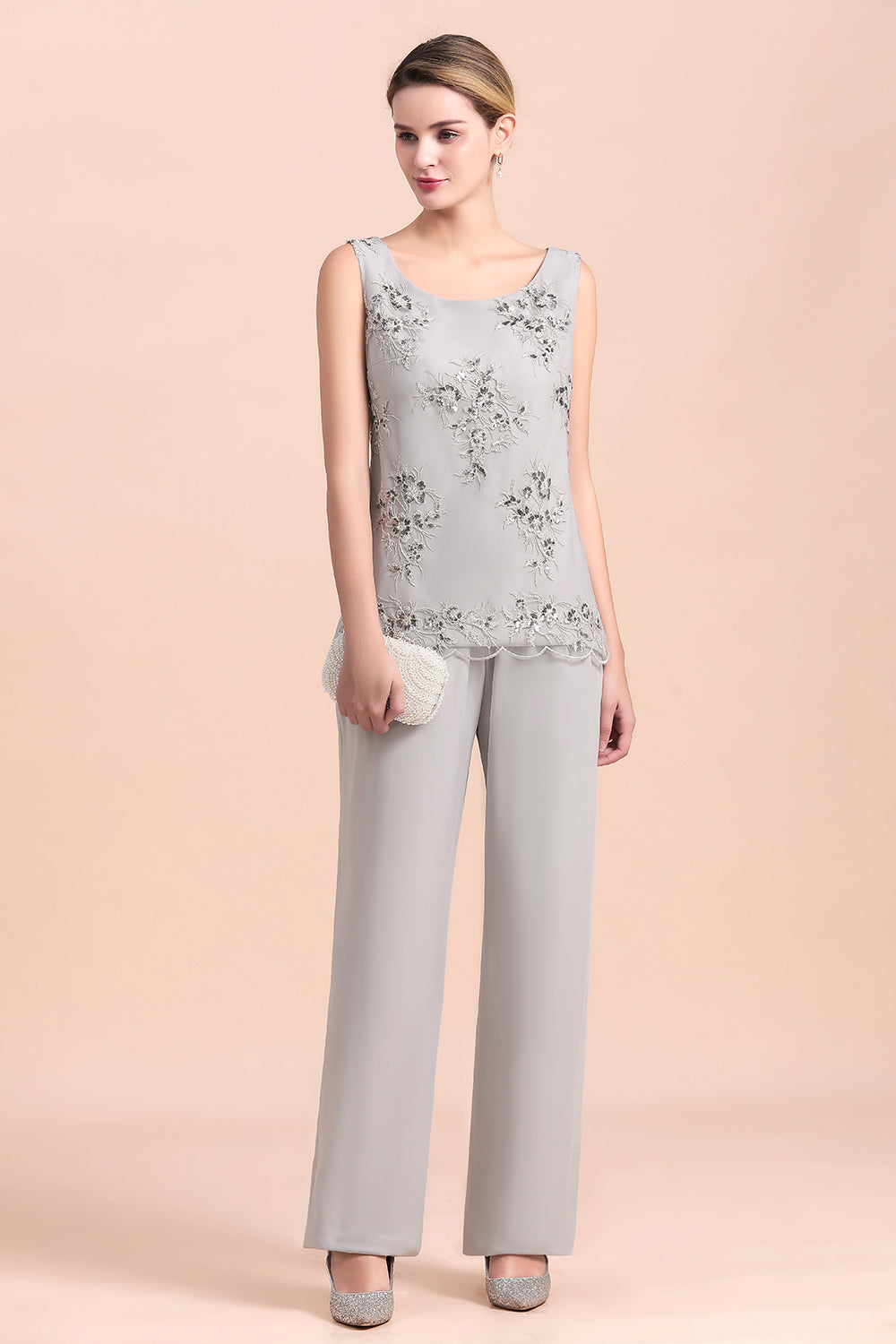 BMbridal Elegant Sleeveless Appliques Silver Chiffon Mother of Bride Jumpsuit with Wrap