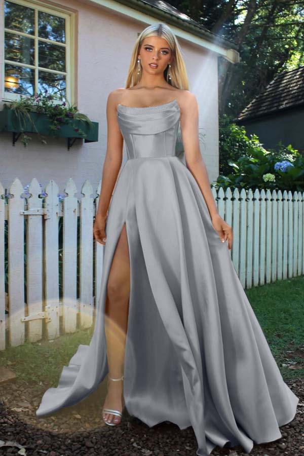 Strapless Sleeveless A Line Long Prom Dress Pleated Split