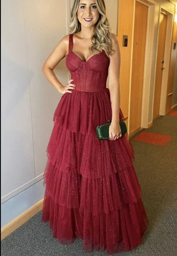 Glänzendes A-Linien-Tüllschicht-Abendkleid Reizvolles Festkleid Y707