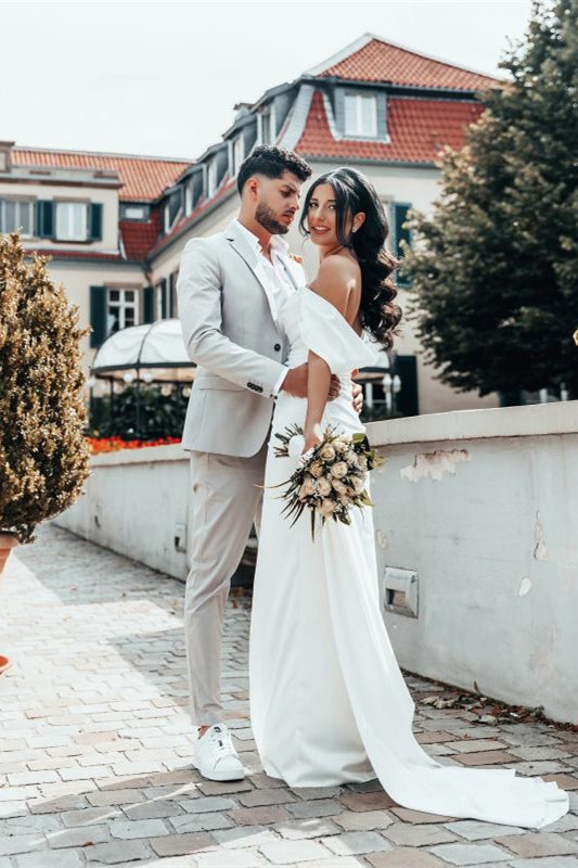 Charmeuse Off The Shoulder Wedding Dress With Split Silhouette