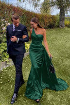 Custom One Shoulder Sleeveless Dark Green Pleated Long Prom Dress