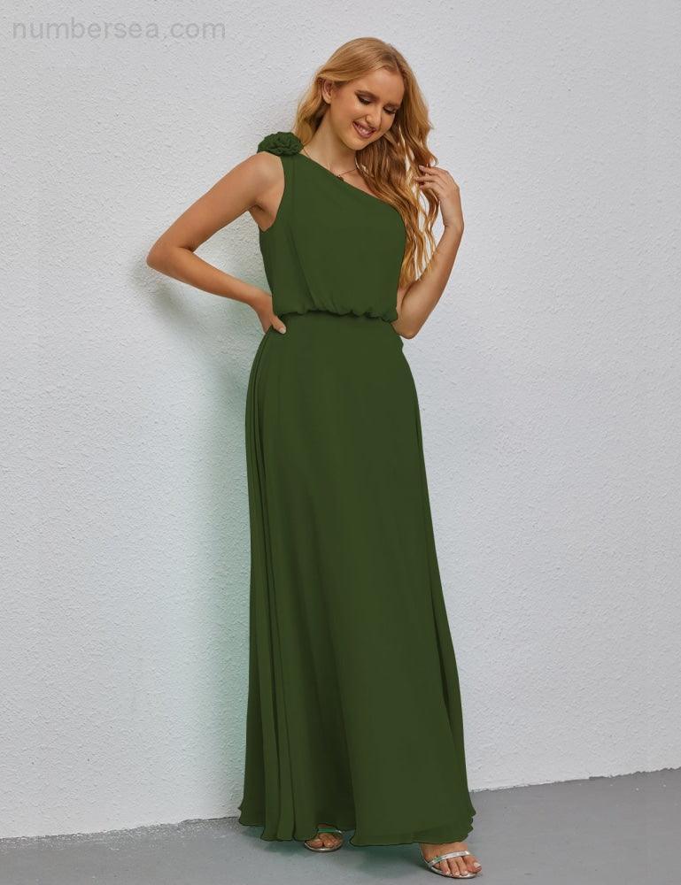 Ruffled One Shoulder Sleeveless Long Bridesmaid Dresses A-line Formal Evening Gown Side Split 28080