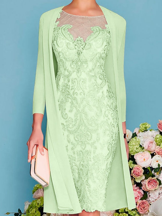 Long-Sleeve Knee-Length Sheath/Column Mother of the Bride Dress with Lace Beading Appliques