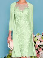 Long-Sleeve Knee-Length Sheath/Column Mother of the Bride Dress with Lace Beading Appliques