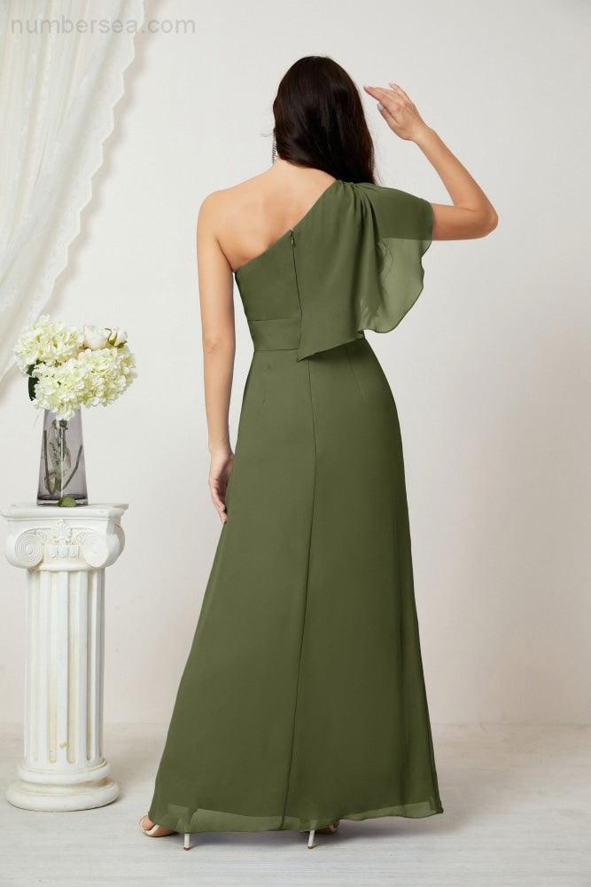 Chiffon Ruffled One Shoulder Long Bridesmaid Dresses A-line Formal Evening Gown Side Split 2809