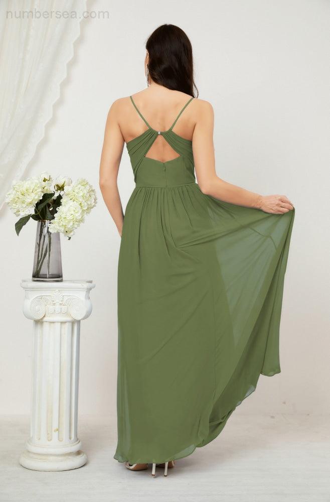 Neck Bridesmaid Dresses Chiffon Long Spaghetti A-line Formal Prom Gown for Wedding Party Evening 2801
