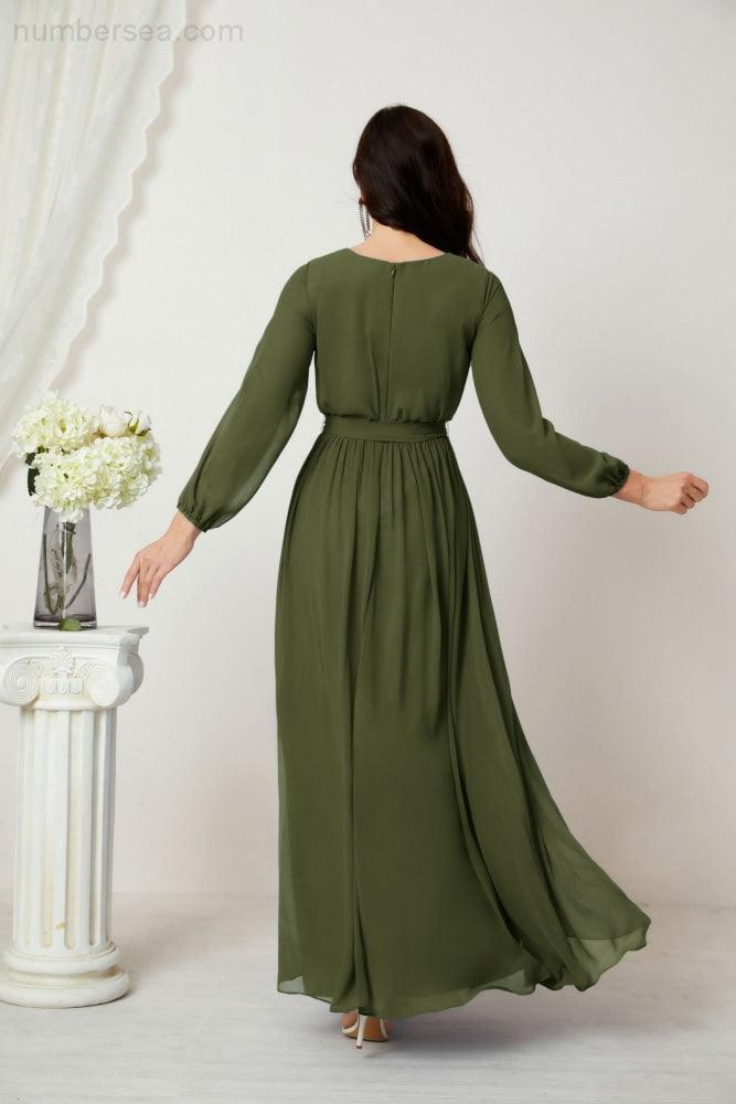 Evening Dresses Deep V-Neck Chiffon Bridesmaid Dresses Long Bishop Sleeve Side Split Formal Dress 2806