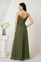 Chiffon V-Neck Bridesmaid Dress Spaghetti Strap Long Formal Party Prom Gowns with Slit 28010