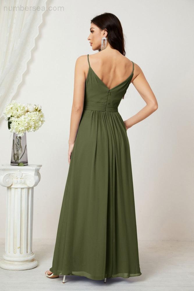 Chiffon V-Neck Bridesmaid Dress Spaghetti Strap Long Formal Party Prom Gowns with Slit 28010