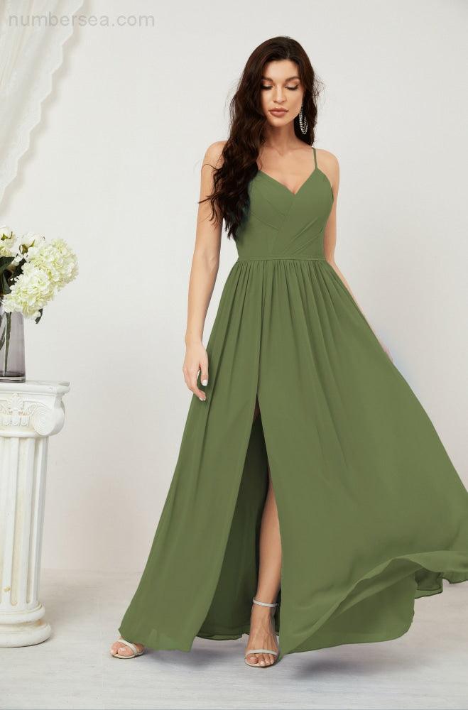 Neck Bridesmaid Dresses Chiffon Long Spaghetti A-line Formal Prom Gown for Wedding Party Evening 2801