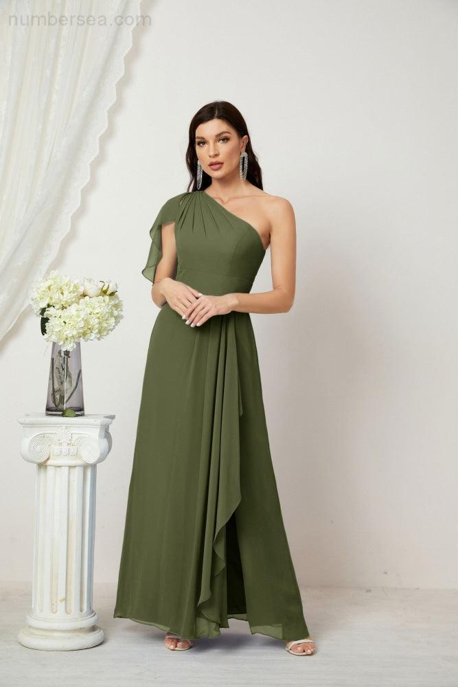 Chiffon Ruffled One Shoulder Long Bridesmaid Dresses A-line Formal Evening Gown Side Split 2809