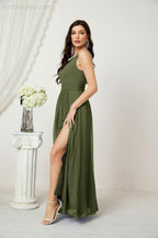 Chiffon V-Neck Bridesmaid Dress Spaghetti Strap Long Formal Party Prom Gowns with Slit 28010
