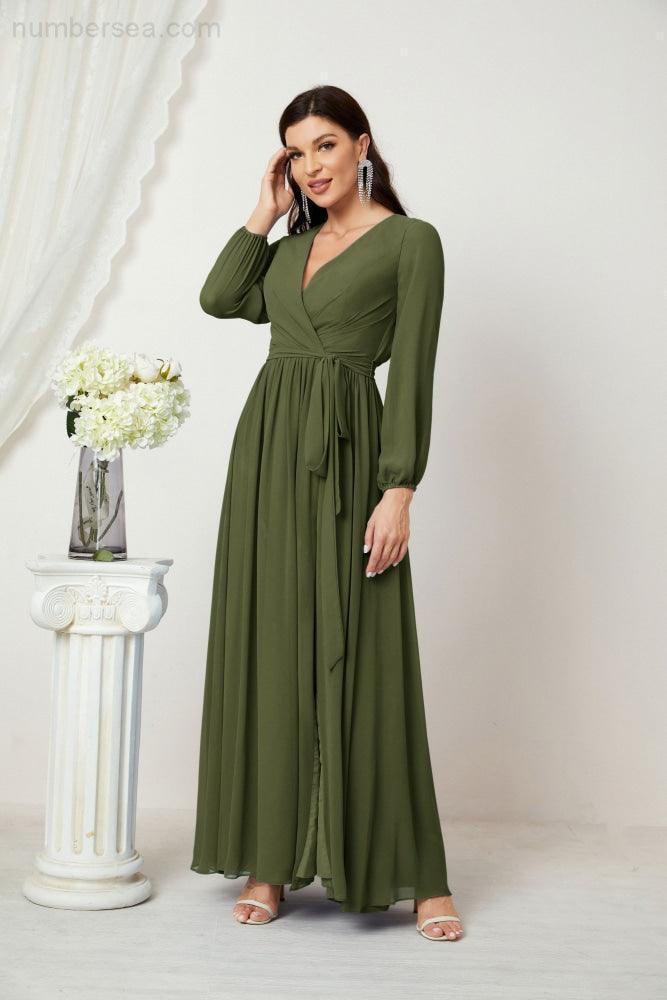 Evening Dresses Deep V-Neck Chiffon Bridesmaid Dresses Long Bishop Sleeve Side Split Formal Dress 2806
