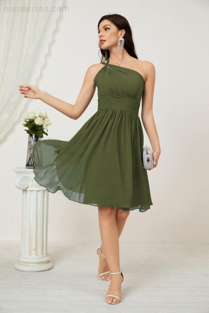 Women Chiffon Short One Shoulder Bridesmaid Dress Formal Dresses for Party Homecoming  2804
