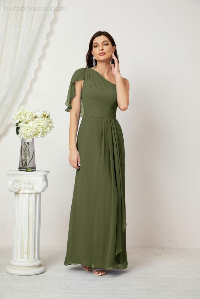 Chiffon Ruffled One Shoulder Long Bridesmaid Dresses A-line Formal Evening Gown Side Split 2809