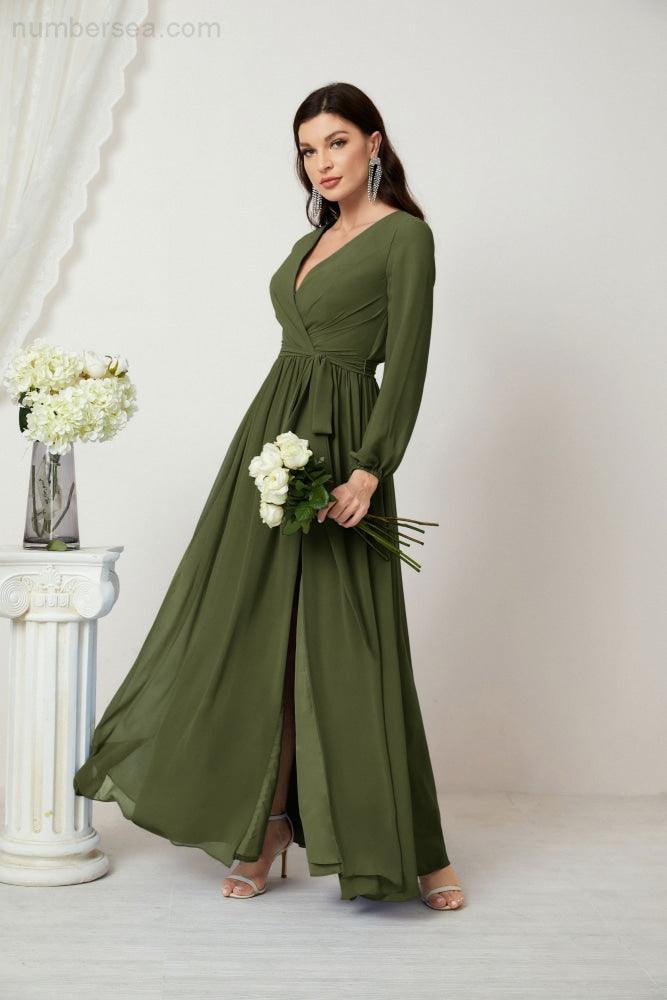 Evening Dresses Deep V-Neck Chiffon Bridesmaid Dresses Long Bishop Sleeve Side Split Formal Dress 2806