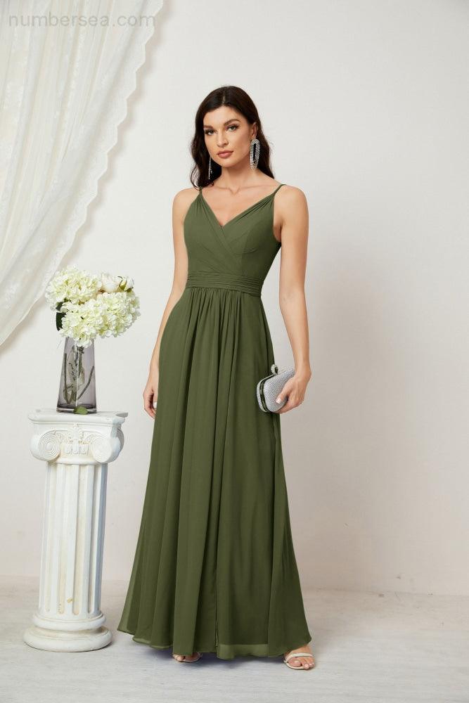 Chiffon V-Neck Bridesmaid Dress Spaghetti Strap Long Formal Party Prom Gowns with Slit 28010
