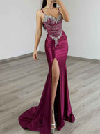 Gold Satin Prom Dress With Beaded Corset Bodice And Side Slit